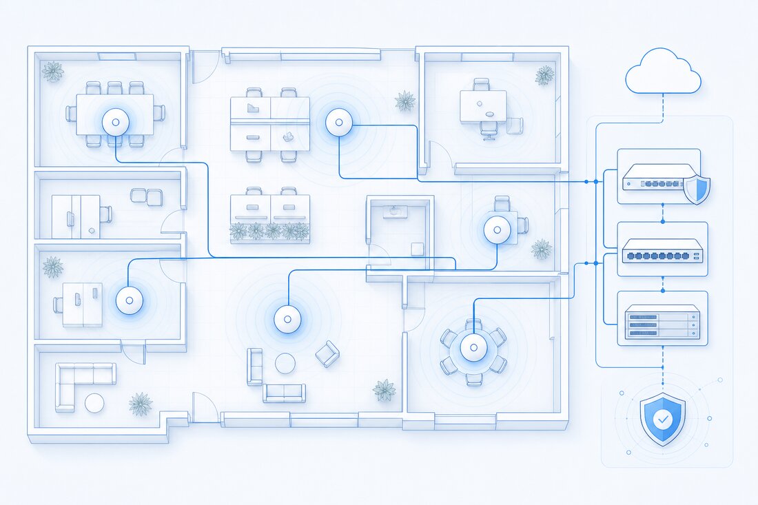 Plano de cobertura WiFi con puntos de acceso y seguridad de red